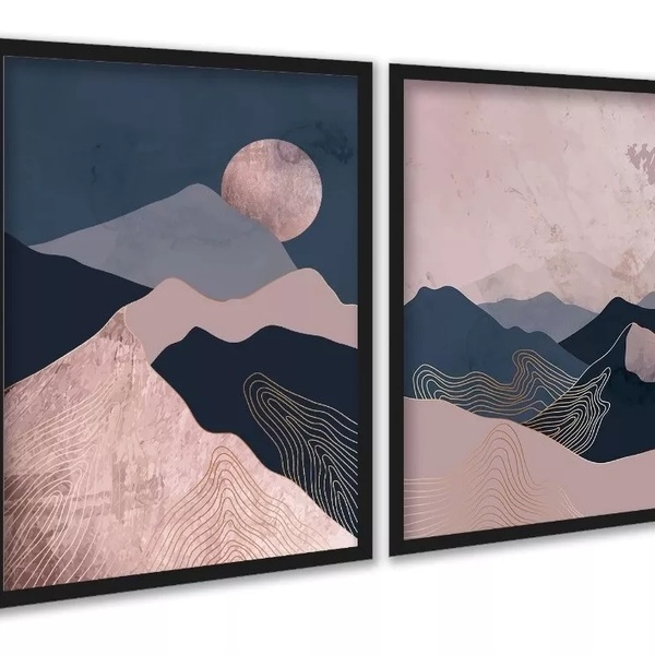 Kit 2 Quadros Boho Montanhas Rosa Azul 45x34cm Moldura Preta
