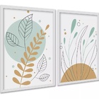 Kit 2 Quadros Boho Plantas Tons Pastéis Verde 45x34cm Moldura