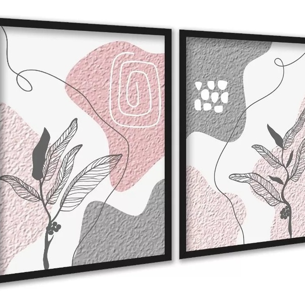 Kit 2 Quadros Bohos Cinza E Rosa Efeito Textura 33x24cm Moldu