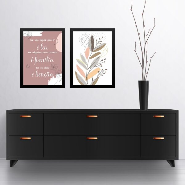 Kit 2 Quadros Bohos Lar Família Benção 33x24cm Moldura Preta