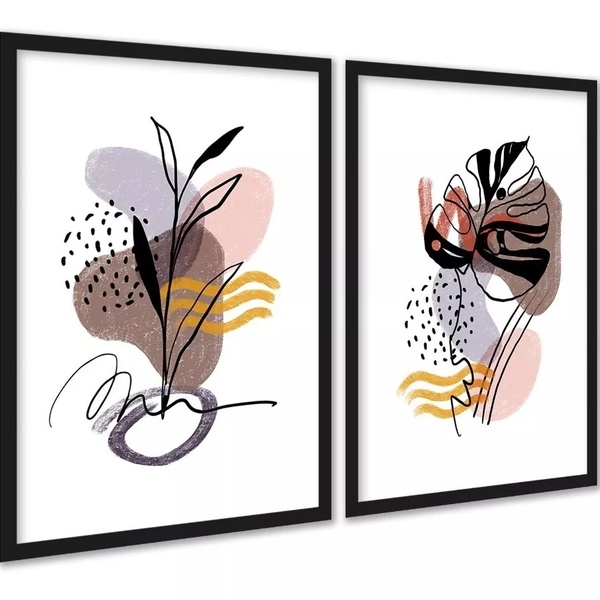 Kit 2 Quadros Bohos Marrom Rosa Ramos 33x24cm - Com Vidro Mol