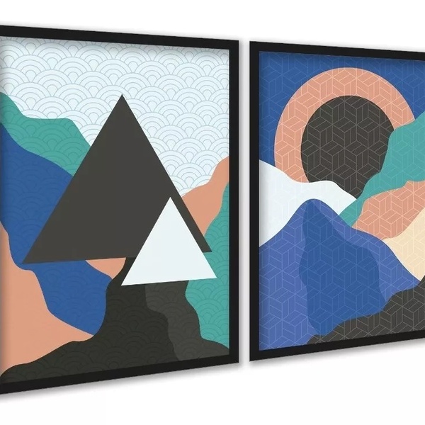 Kit 2 Quadros Bohos Montanhas Azul Verde 45x34cm - Com Vidro
