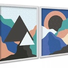 Kit 2 Quadros Bohos Montanhas Azul Verde 45x34cm - Com Vidro