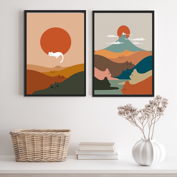 Kit 2 Quadros Bohos Montanhas De Gatinhos 45x34cm - Com Vidro