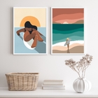 Kit 2 Quadros Bohos Mulher Surf 33x24cm Moldura:madeira Preta