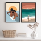 Kit 2 Quadros Bohos Mulher Surf 33x24cm Moldura:madeira Preta