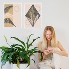 Kit 2 Quadros Bohos Neutros Folhas Bege E Cinza 45x34cm - Com