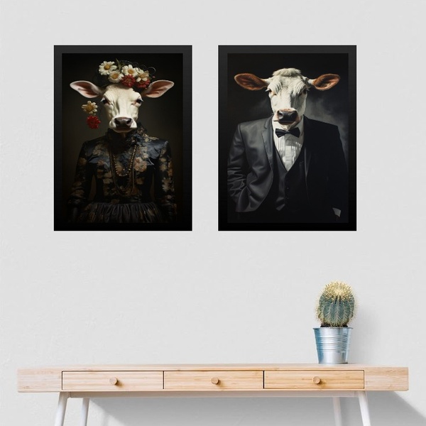 Kit 2 Quadros Boi E Vaca Elegantes 33x24cm - Com Vidro Moldur