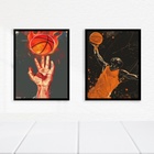 Kit 2 Quadros Bolas Basquete - Fogo 45x34cm Moldura Branca