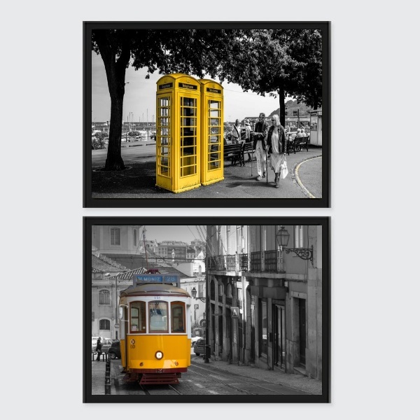 Kit 2 Quadros Bonde E Cabine Amarela 33x24cm - Com Vidro Mold