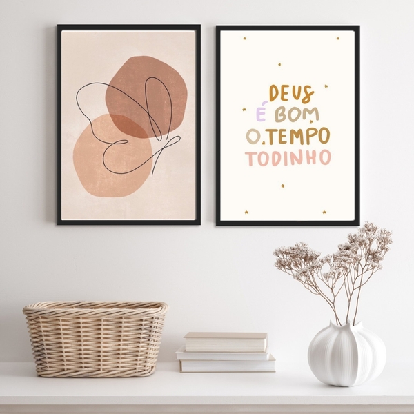 Kit 2 Quadros Borboleta Deus É Bom O Tempo todo 33x24cm Moldu