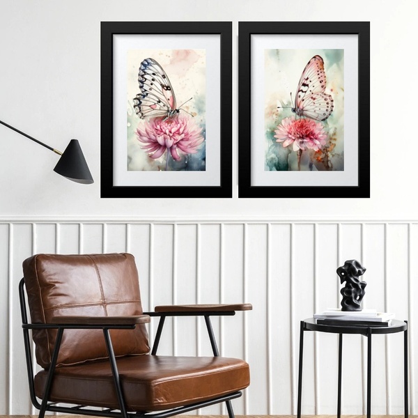 Kit 2 Quadros Borboletas Aquarela - 60x48cm Moldura:madeira P