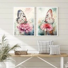 Kit 2 Quadros Borboletas E Flores Aquarela 24x18cm - Com Vidr