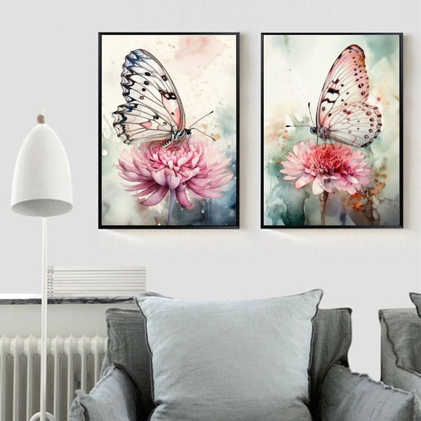 Kit 2 Quadros Borboletas E Flores Aquarela 45x34cm - Com Vidr