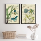Kit 2 Quadros Botânica Vintage Borboletas Flores Azuis 45x34c