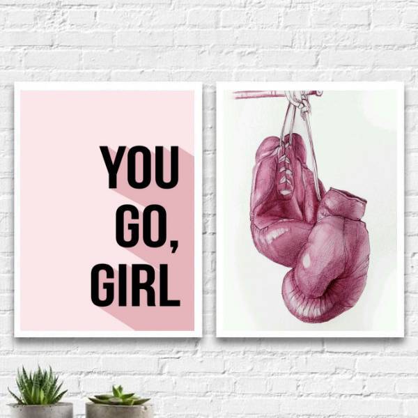 Kit 2 Quadros Boxe You Go Girl 45x34cm Moldura:madeira Preta