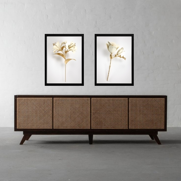 Kit 2 Quadros Branco E Ouro - Simple Flowers 24x18cm - Com Vi