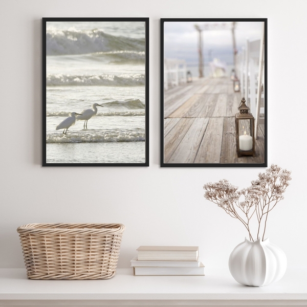 Kit 2 Quadros Brancos Praia- Pássaros Mar Lanterna 33x24cm -