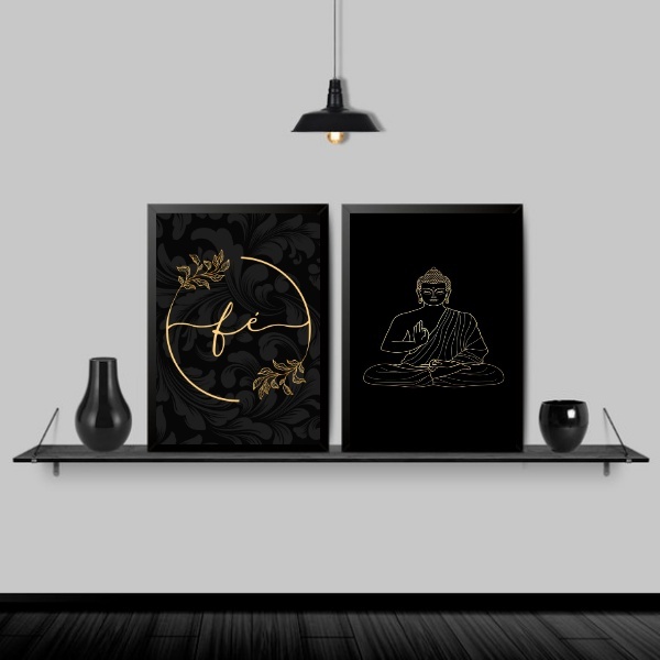 Kit 2 Quadros Buda Fé Preto Com Dourado 33x24cm - Com Vidro M