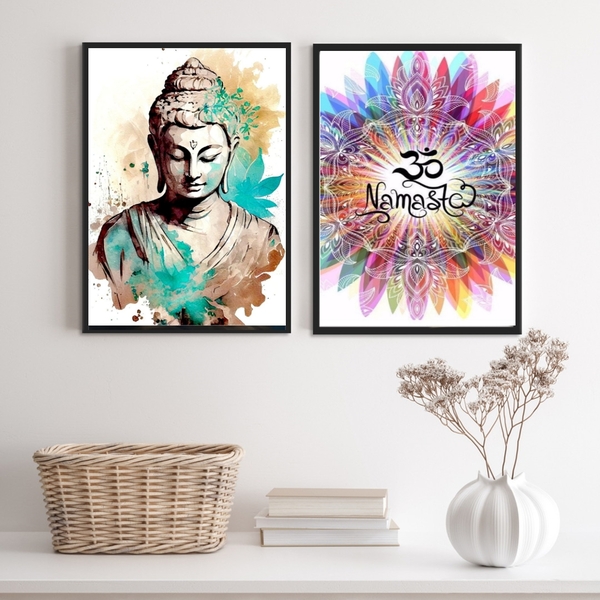 Kit 2 Quadros Buda Namastê- Aquarela 24x18cm - Com Vidro Mold