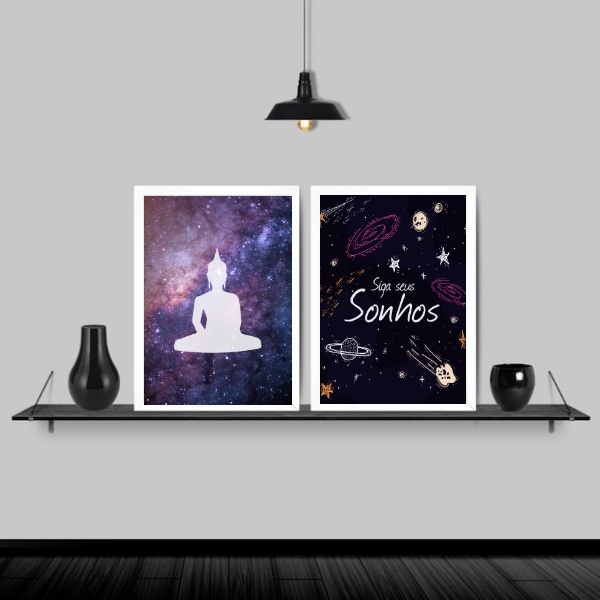 Kit 2 Quadros Buda Siga Seus Sonhos 45x34cm - Com Vidro Moldu