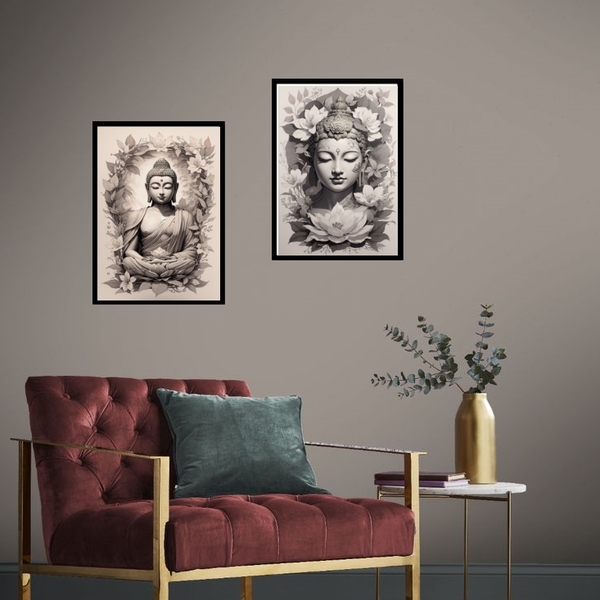 Kit 2 Quadros Budas Tons De Cinza 24x18cm Moldura:madeira Bra