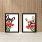 Kit 2 Quadros Bulldogs Francês Buquê De Flores 45x34cm Moldur