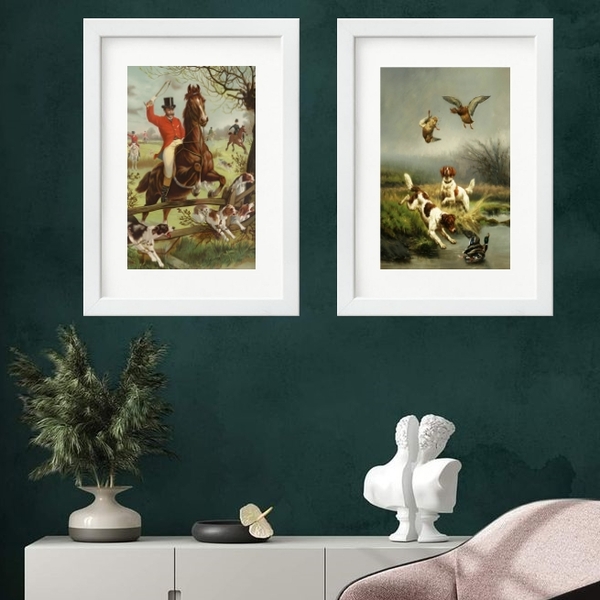 Kit 2 Quadros Caçada Inglesa - 60x48cm Moldura:madeira Preta