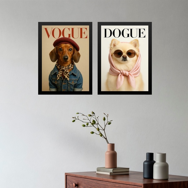 Kit 2 Quadros Cães Fashion - Capa De Revista 24x18cm - Com Vi