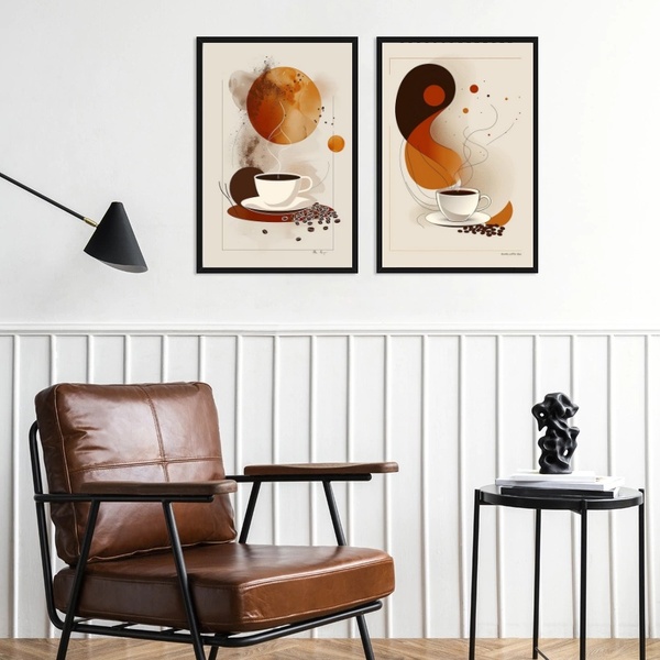 Kit 2 Quadros Café Abstrato - Terracota 24x18cm Moldura Preta