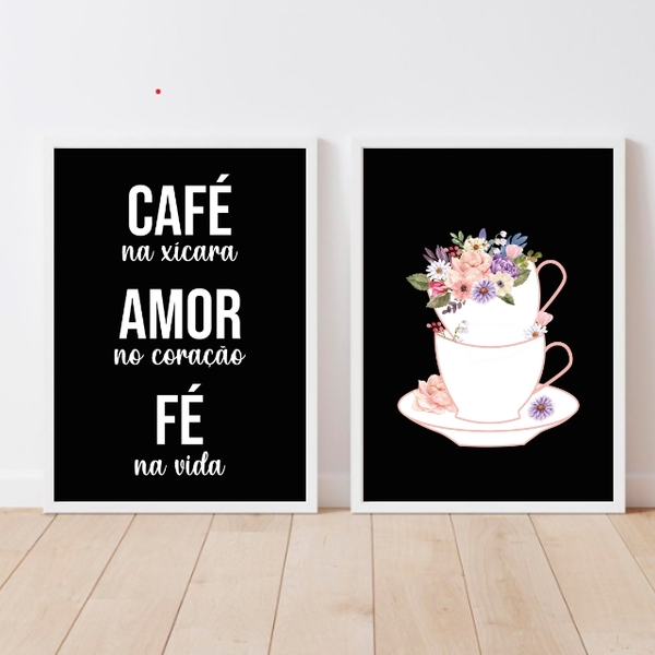 Kit 2 Quadros Café Amor Fé Floral 24x18cm - Com Vidro Moldura