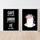 Kit 2 Quadros Café Amor Fé Floral 33x24cm - Com Vidro Moldura