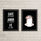Kit 2 Quadros Café Amor Fé Floral 33x24cm Moldura:madeira Pre