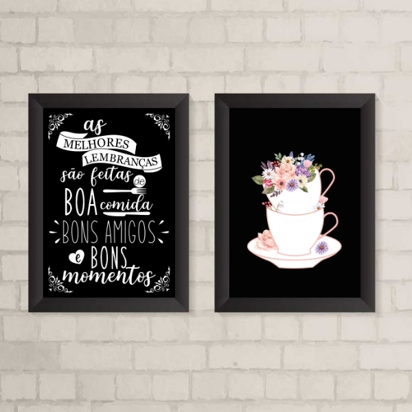 Kit 2 Quadros Café Cozinha Bons Momentos 24x18cm Moldura:made