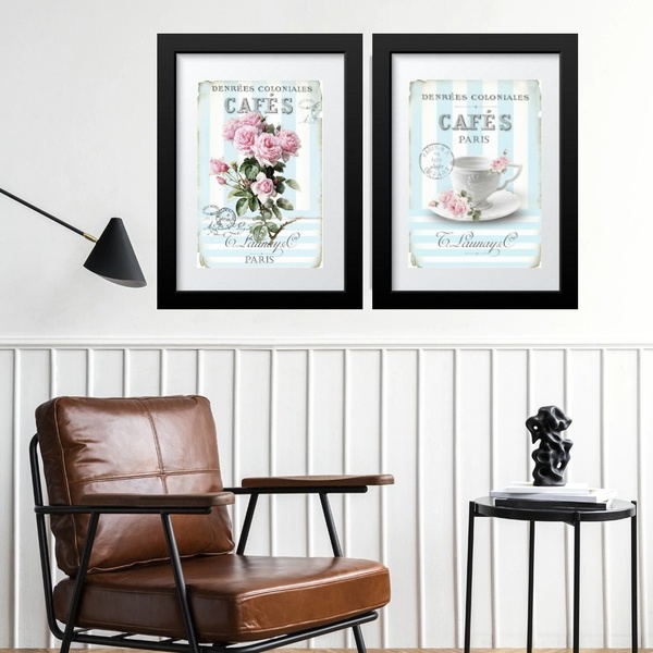 Kit 2 Quadros Café Flores Paris - 60x48cm Moldura:madeira Bra