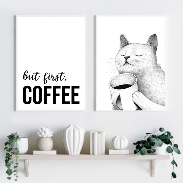 Kit 2 Quadros Café Gato - But First Coffee 60x48cm Moldura:ma