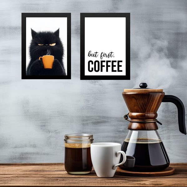 Kit 2 Quadros Café - Gato Emburrado 24x18cm - Com Vidro Moldu