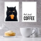 Kit 2 Quadros Café - Gato Emburrado 45x34cm Moldura Branca