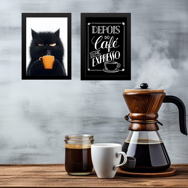 Kit 2 Quadros Café - Gato Mal Humorado 24x18cm Moldura Branca