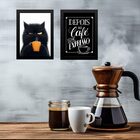 Kit 2 Quadros Café - Gato Mal Humorado 45x34cm Moldura Branca