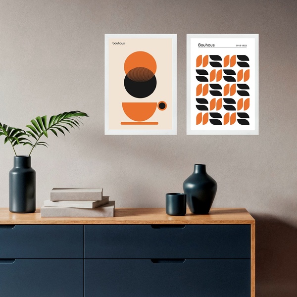 Kit 2 Quadros Café Laranja E Preto - Bauhaus 45x34cm Moldura