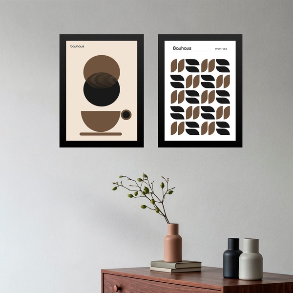 Kit 2 Quadros Café Marrom E Preto - Bauhaus 45x34cm - Com Vid