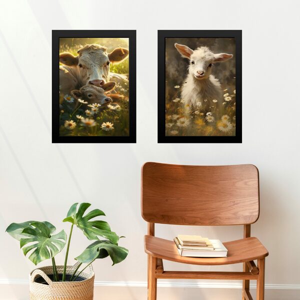Kit 2 Quadros Campestres Animais Fazenda 45x34cm - Com Vidro