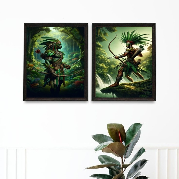 Kit 2 Quadros Candomblé - Oxossi Guerreiro 33x24cm Moldura:ma