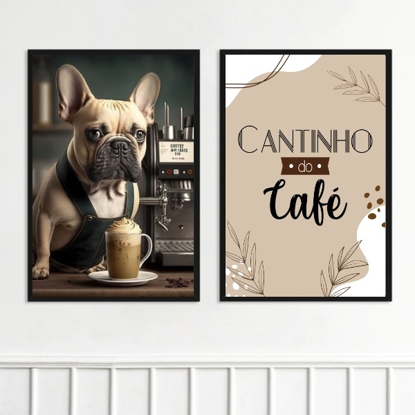 Kit 2 Quadros Cantinho Café Bulldog Francês 33x24cm Moldura B