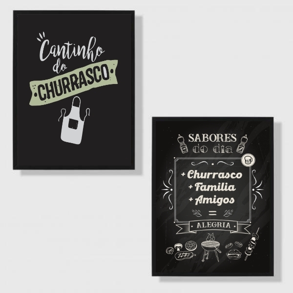 Kit 2 Quadros Cantinho Churrasco 24x18cm Moldura:madeira Bran