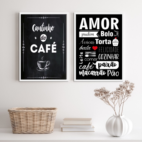 Kit 2 Quadros Cantinho Do Café Amor cozinha 33x24cm - Com Vid