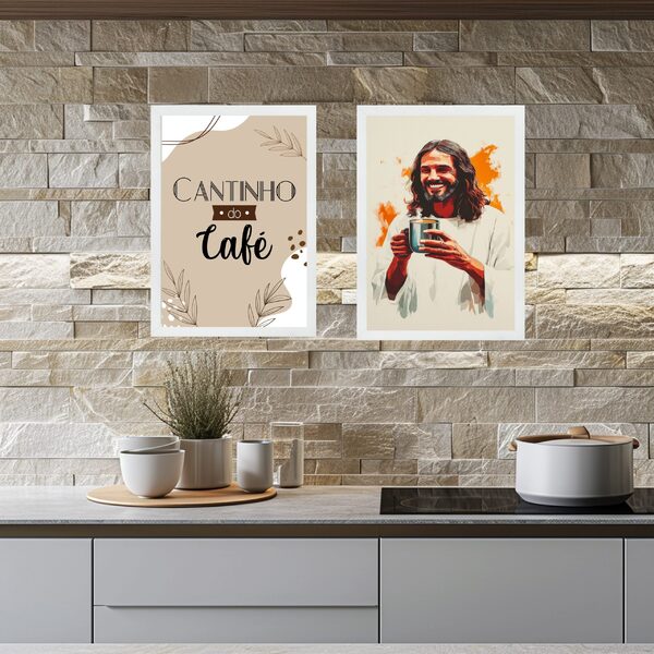 Kit 2 Quadros Cantinho Do Café Cristão - Jesus 24x18cm Moldur