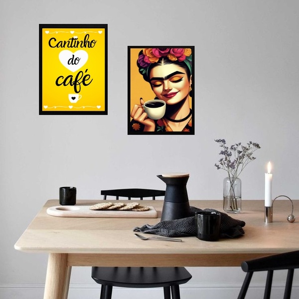 Kit 2 Quadros Cantinho Do Café Frida 45x34cm - Com Vidro Mold
