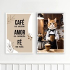 Kit 2 Quadros Cantinho Do Café Gatinho 45x34cm - Com Vidro Mo